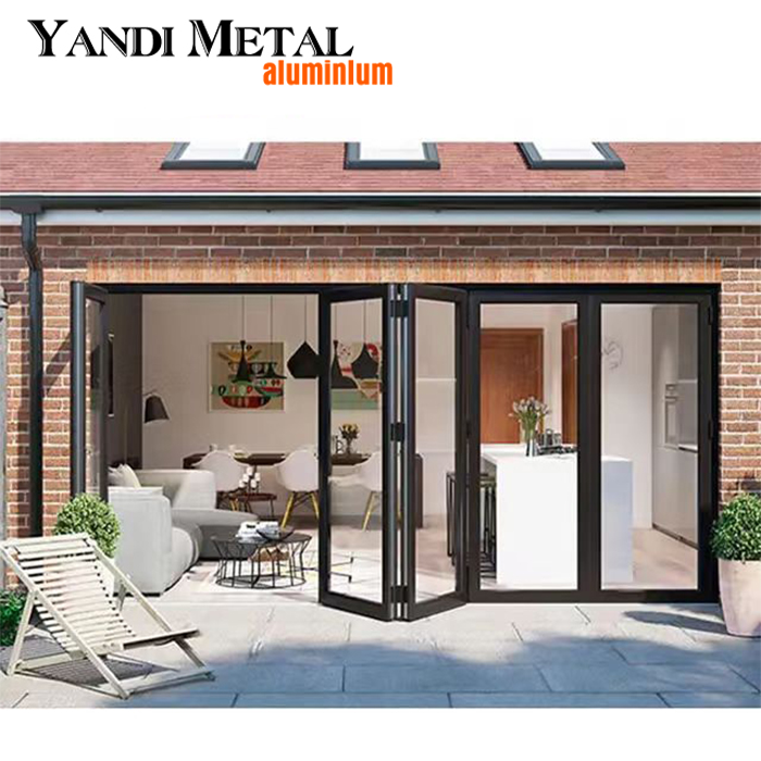 Puerta de aluminio pivotante exterior corredera doble doble pliegue medio aluminio medio vidrio de buen rendimiento